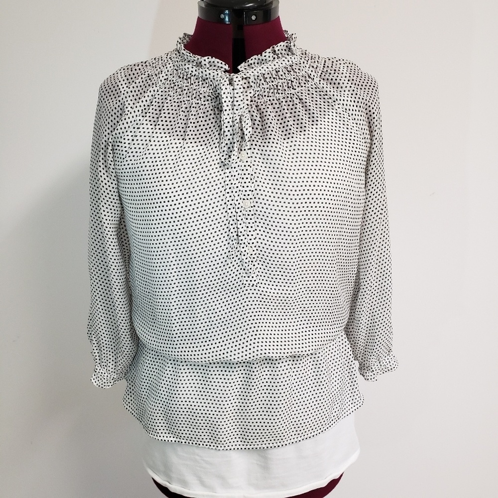 LOFT sheer black/white polka dot tie front blouse